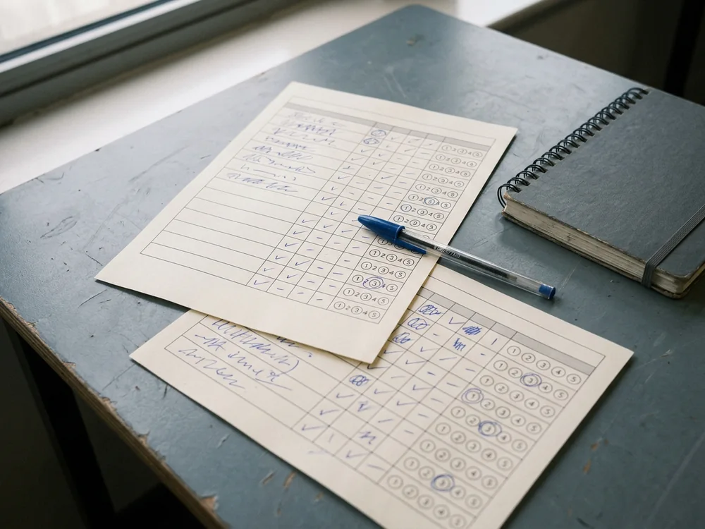 Marked-up assessment scorecards on a desk