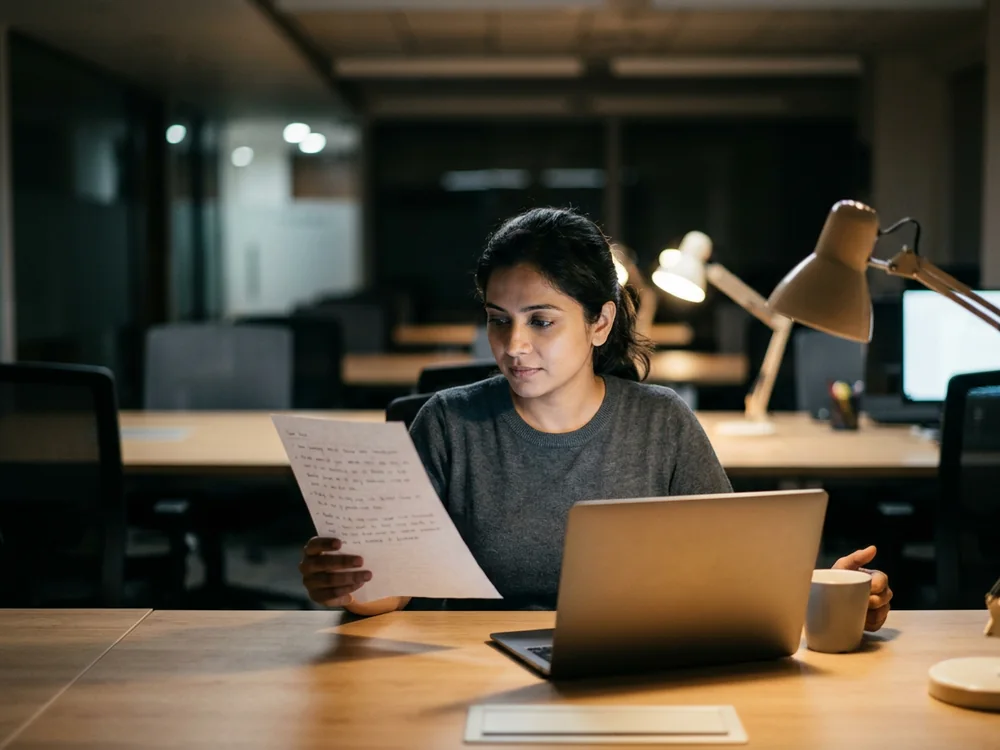 A professional reading written feedback at her desk