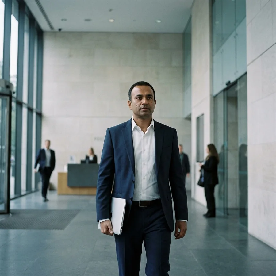 A senior specialist arriving at the office